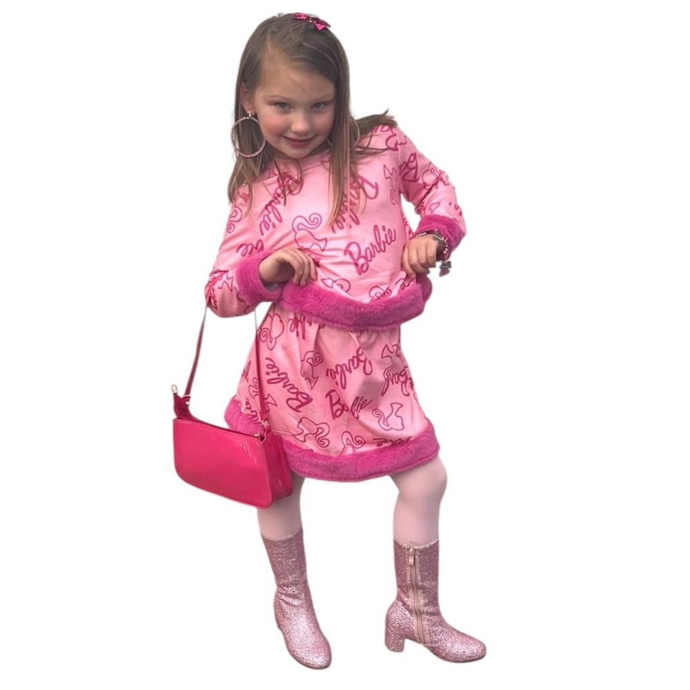 PatPat Pink Barbie Skirt and Top Outfit Set Faux Fur Size 6/7 Y Graphic Tee
